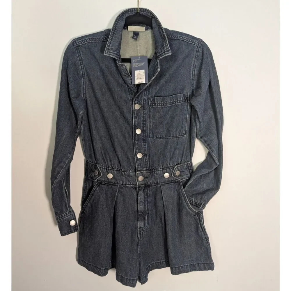 Universal Thread Denim Romper Womens 2 Button Front Long Sleeve Utility Shorts - Picture 1 of 6